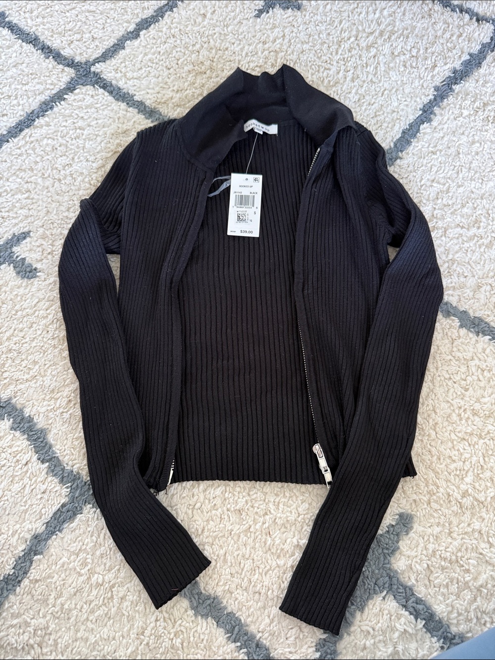 Hooked Up Juniors Black Ribbed Zip-Front Sweater Small New